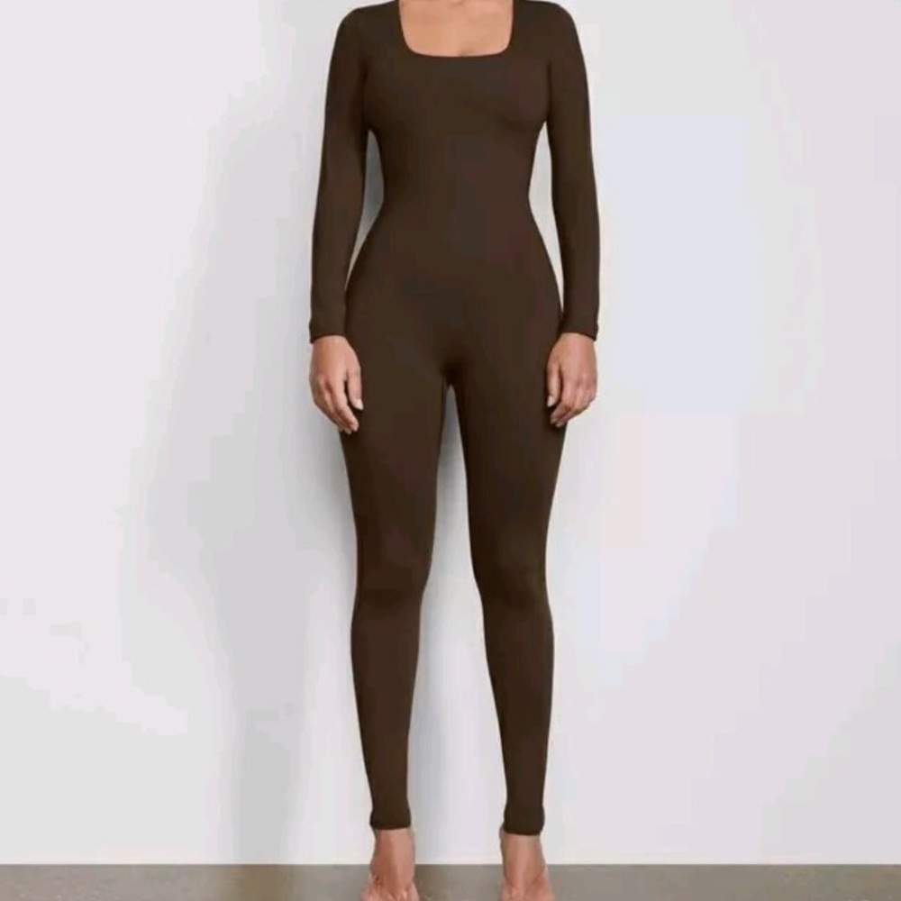 Skims Long Sleeve Square Neck Jumpsuit - Brown